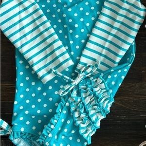 Ruffle Butts Blue and White Striped Polka Dot Kids Swim One Piece